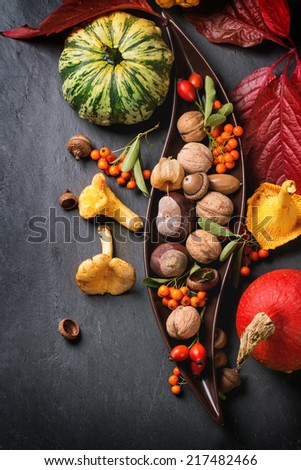 Pumpkins, nuts, berries and mushrooms chanterelle over black background. Top view. See series