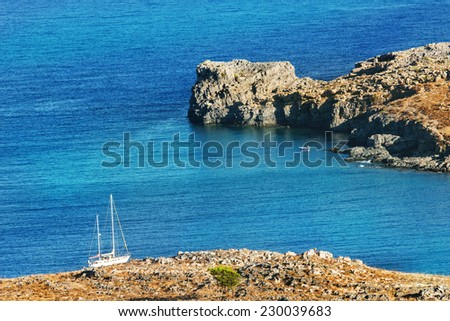 Seaview with yacht in sunny day, Rhodes, Greece