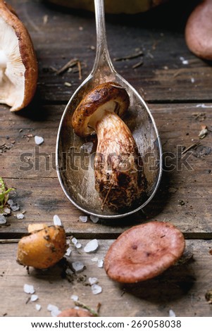Mushroom in vintage spoon over old wooden table