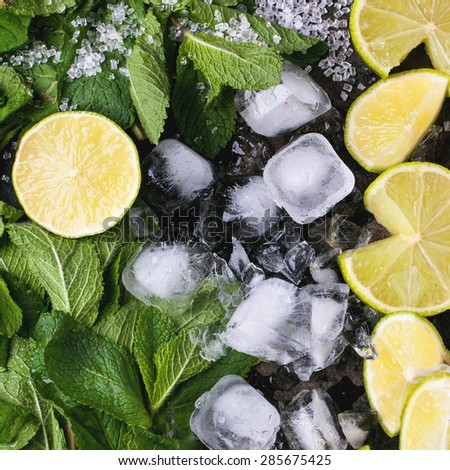Ingredients for mojito (fresh mint, limes, ice, sugar) over black. Top view. Square image