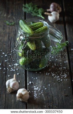 Glass jar with fresh low-salt pickled cucumbers. Over black wooden table with sprinkled sea salt and garlic. Dark rustic style. Natural day light