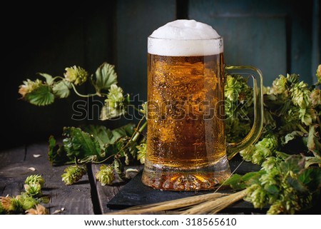 Mug of fresh draught lager beer with foam on black slate, served on old wooden table with green hop and ears of barley. Dark rustic style