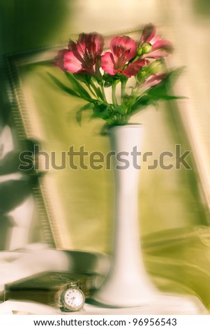 Composition with bouquet of pink flowers with old vintage book and clock as aquarelle