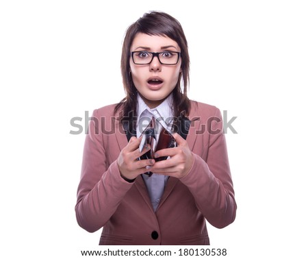 Beautiful business woman with empty purse. Business decisions. Office workers. Bemused girl in glasses. Isolated