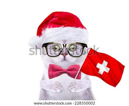 Beautiful British cat with flag of Switzerland goes on Christmas travel. Cap of Santa Claus. New Year\'s holidays
