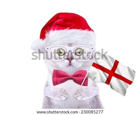 Beautiful British cat with flag of England goes on Christmas travel. Cap of Santa Claus. New Year\'s holidays