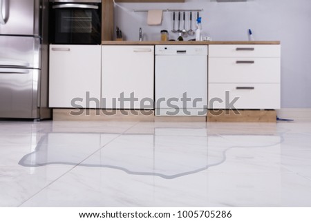Close-up Of Spilled Water On Kitchen Floor At Home