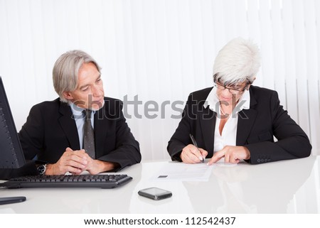 Smiling senior partners sitting together at a desk having a business meeting