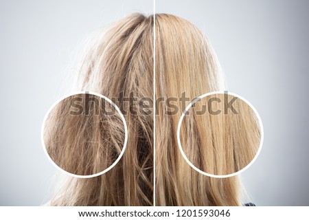 Woman\'s Hair Before And After Hair Straightening On Grey Background
