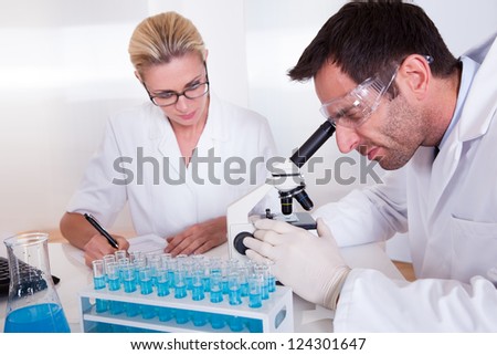 Technicians or medical staff in a laboratory working with test tubes in a rack reading samples under the microscope and recording results