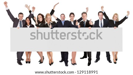 Group Of Excited Business People Presenting Empty Banner. Isolated On White