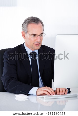 Happy Mature Businessman Working On Computer In Office