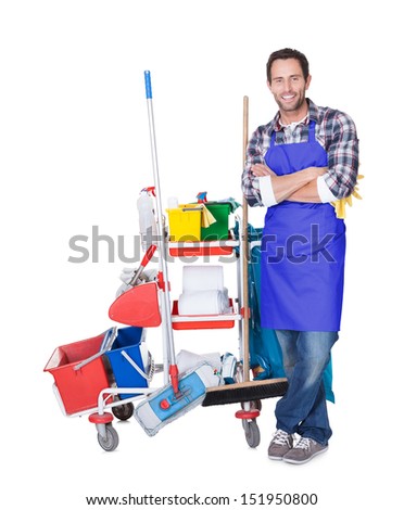 Man from professional cleaning service. Isolated on white