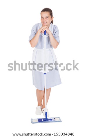 Young Maid Cleaning Floor With Mop on white background