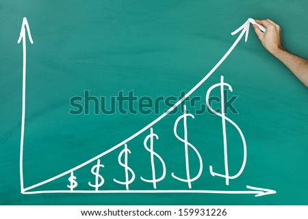 Hand Holding Chalk Dollar Growth Chart On Green Blackboard