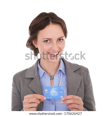 Smiling Businesswoman Holding Credit Card On White Background