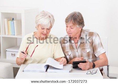 Elderly Woman Checking The Accounts While The Husband Adds Up The Figures On The Calculator