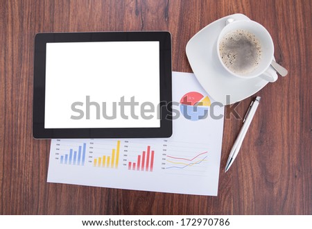 High Angle Of Digital Tablet Document And Coffee On Table