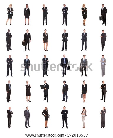 Collage of diverse businesspeople standing over white background