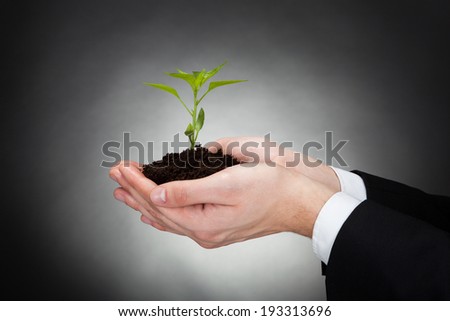 Cropped image of businessman holding sapling representing development against black background