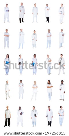 Collage of diverse doctors standing over white background Collage of diverse doctors standing over white background