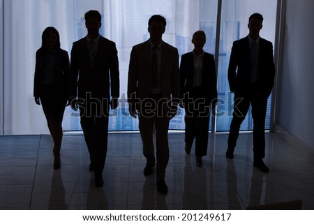 Full length of silhouette business people walking together in office