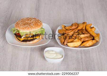 Delicious burger and fried potatoes served in plates on floor