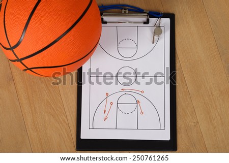 Close-up Of Basketball With Whistle And Sport Tactics On Paper