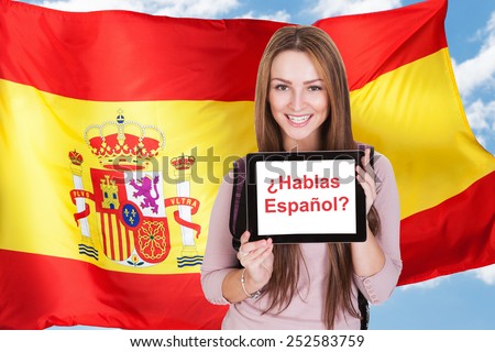 Young Woman Holding Digital Tablet Asking Do You Speak Spanish