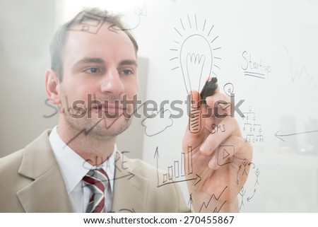 Businessman Writing Start Up Plan On Glass In Office
