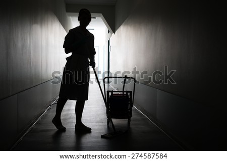 Silhouette Of Female Maid With Mop Cleaning Floor Of Hall