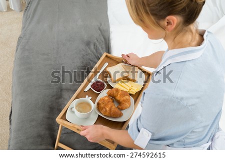 Close-up Female Maid With Breakfast Tray In Bedroom