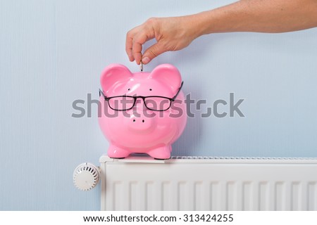 Close-up Of Ma\'s Inserting Coin In Piggy Bank Kept On Radiator