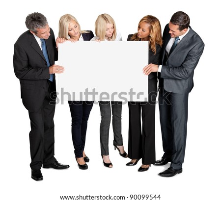 Business people looking at blank board in their hands on white background
