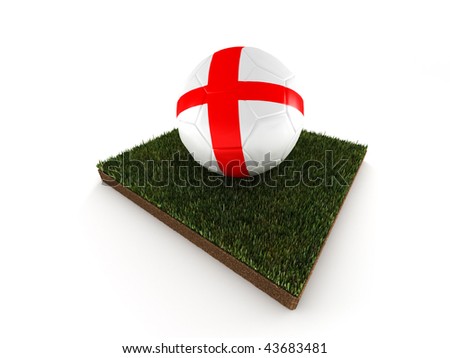 Soccer ball with english flag on a piece of grass. High quality 3d render.
