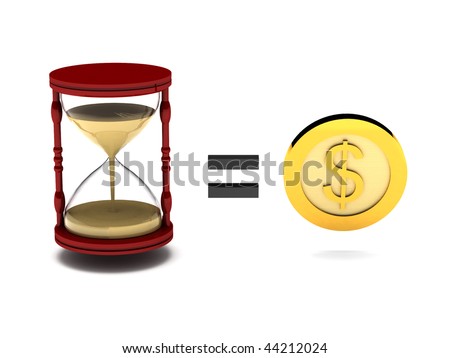stock photo : Sayings. Time is money. Hourglass and gold coin on white 