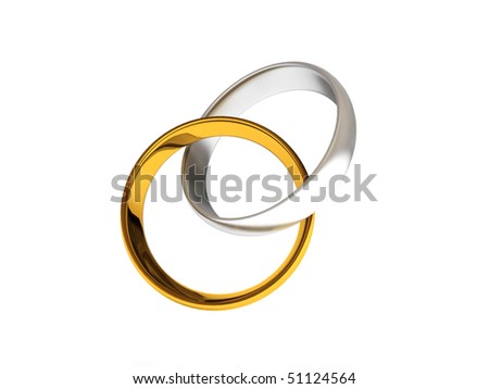 stock photo Intertwined golden and silver wedding rings isolated on white 