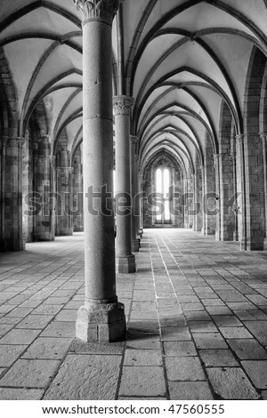 interior view of a medieval hall in an european monastery