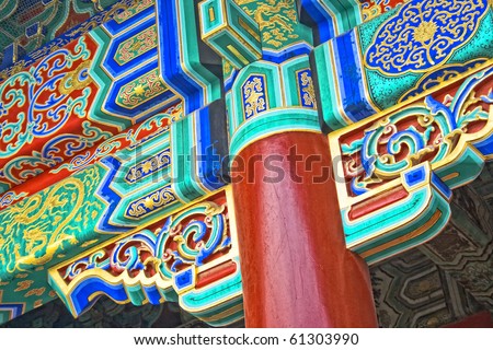 detail view of chinese old palace, with colorful details of wooden facade