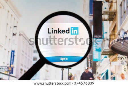 Montreal, Canada - February 2016 - LinkedIn website picture taken under a magnifying glass. Linkedin is a professional and business-oriented social networking service.