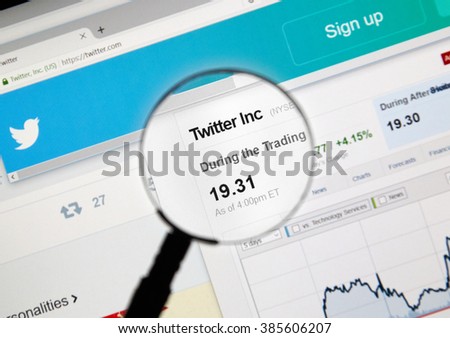 MONTREAL, CANADA - MARCH 3, 2016 - TWTR - Twitter stock market ticker and chart on web page under magnifying glass. Twitter is an online social networking service.
