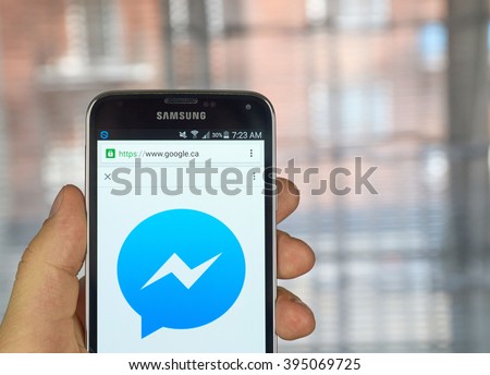 MONTREAL, CANADA - MARCH 20, 2016 - Facebook messenger  logo on Samsung S5\'s screen. Facebook Messenger is an instant messaging service and software application.