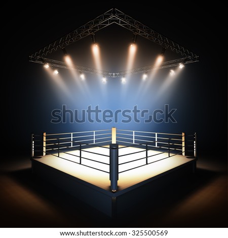 A 3d render illustration of empty professional boxing ring with illumination by spotlights.
