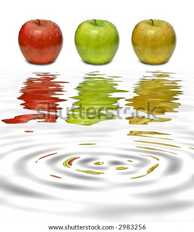 tree apples - red,yellow,green - water reflection