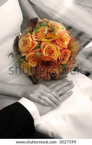 stock photo Wedding hands rings flowers sepia