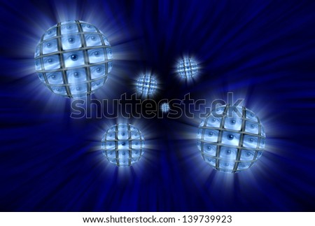 Spheres with video screens showing eyes moving through a blue vortex