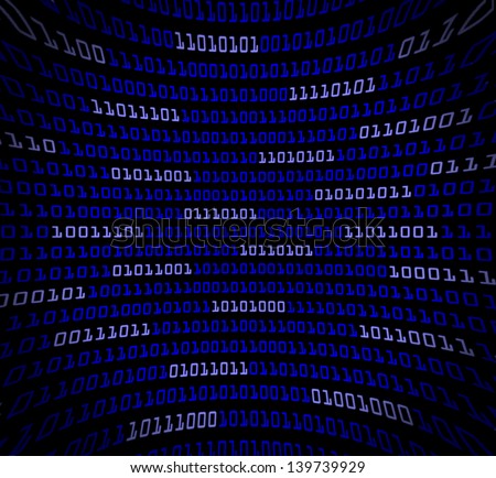 Blue digital computer code distorted in a curved field of ones and zeros