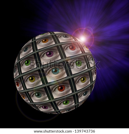 Sphere of video screens showing multi-colored eyes with an exploding light in background with lens flare