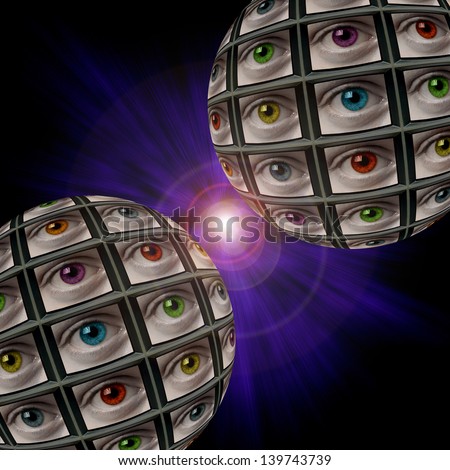 Two sphere of video screens showing multi-colored eyes, in a bluish vortex with lens flare