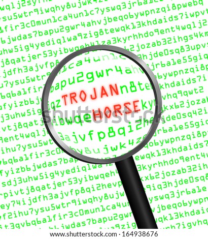 Magnifying glass enlarging trojan horse virus in computer machine code. High key version.